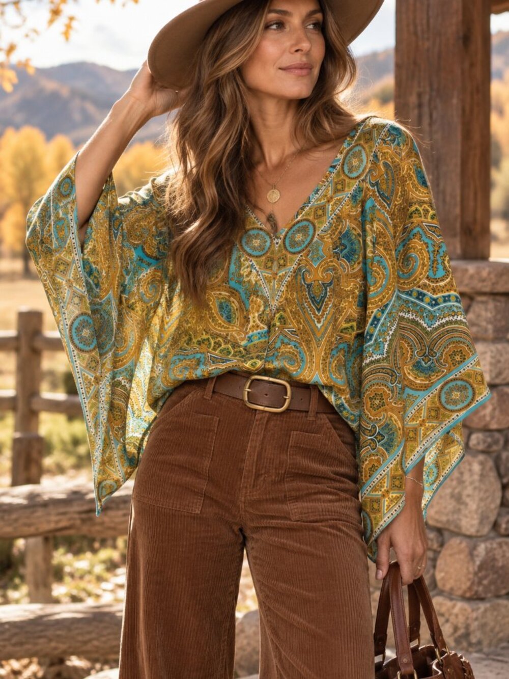 Alice & Trixie Silk Paisley Kimono Sleeve Top Blouse Teal Mustard Boho Western S